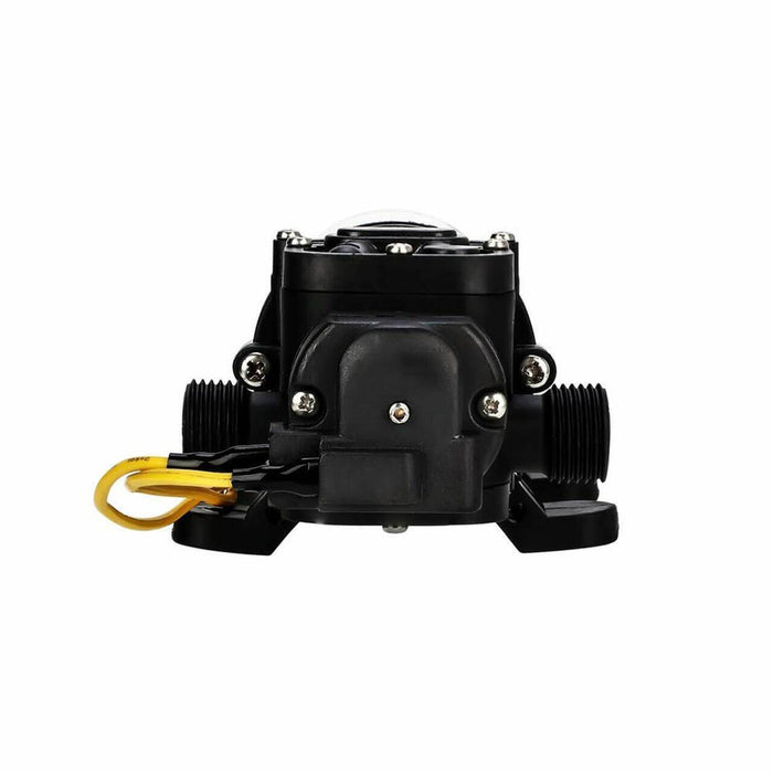 Camplux 1.6 GPM 12V diaphragm pump for RVs, boats, camping; compact, lightweight design with rubber mounting for vibration isolation.