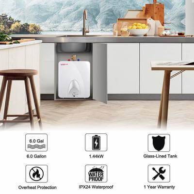 Camplux 6-Gallon Mini Tank Electric Water Heater in kitchen setting, showcasing features like IPX24 waterproof, ideal for Cabin Depot customers.