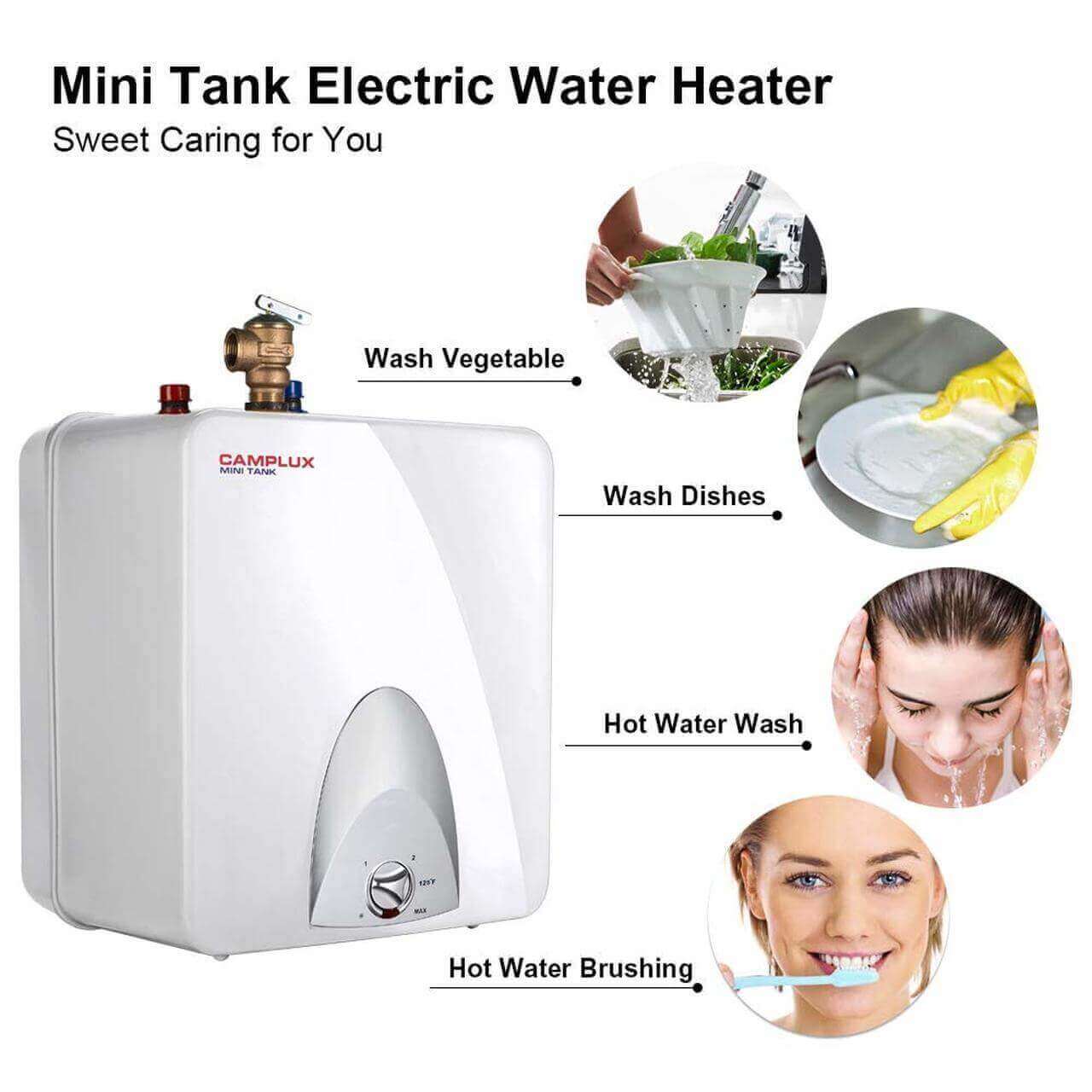 Camplux 6-Gallon Mini Tank Electric Water Heater in white used for various tasks like washing vegetables and dishes, ideal for cabins.