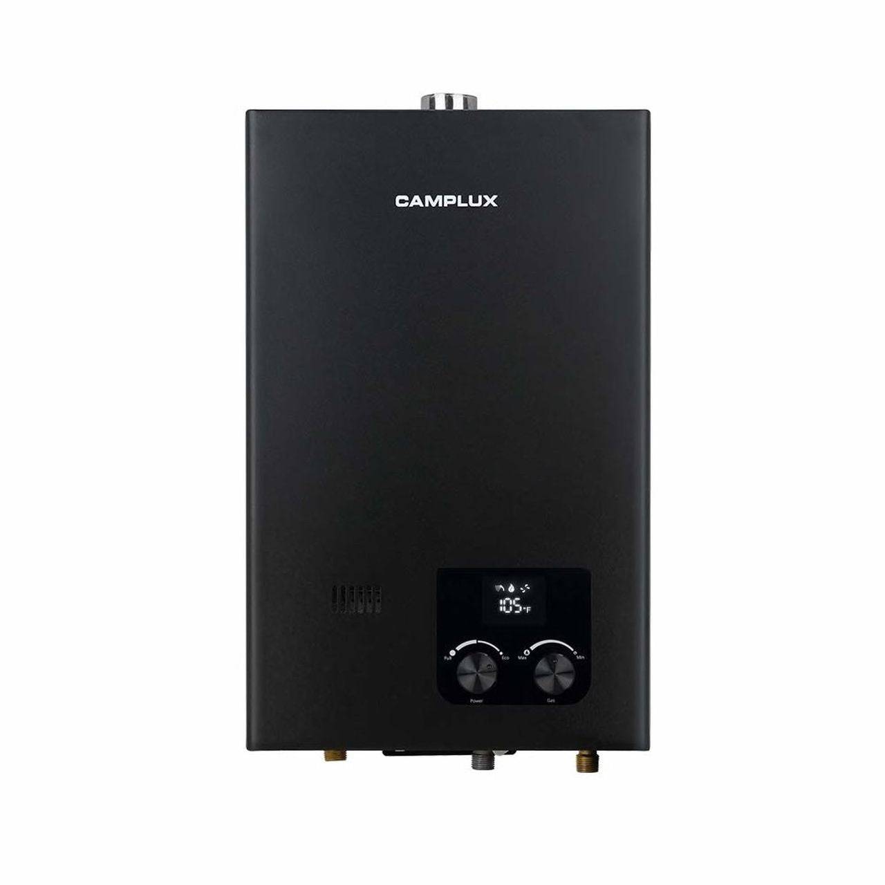 Camplux 10L tankless water heater for cabins, indoor use, natural gas, 2.64 GPM, available at Cabin Depot.