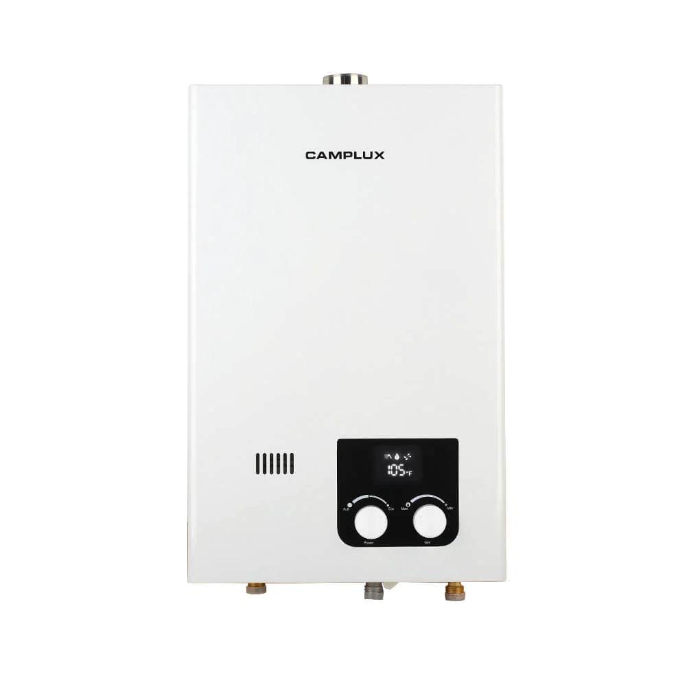 Camplux 10L indoor tankless water heater, ideal for small homes and cabins, available at Cabin Depot. Enjoy instant hot water with 2.64 GPM.