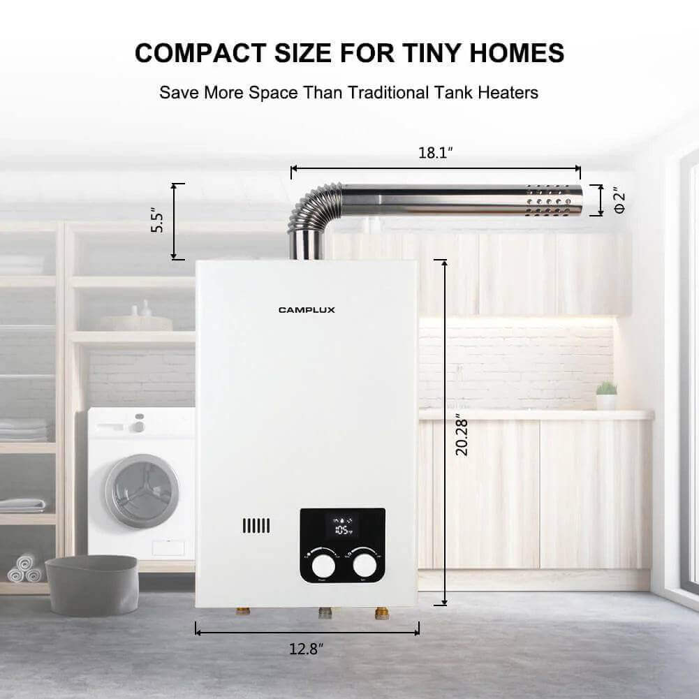 Camplux 10L indoor tankless water heater dimensions, ideal for cabins and tiny homes; available at Cabin Depot.