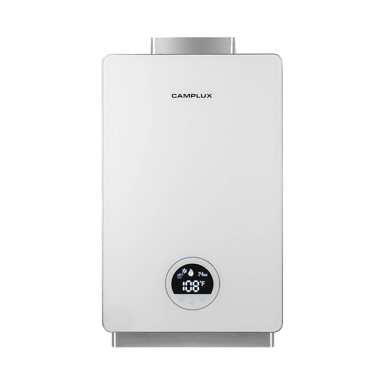 Camplux 12L Indoor Tankless Water Heater in Black, 3.18 GPM, available at Cabin Depot - Energy-efficient best seller model CA318-LP.