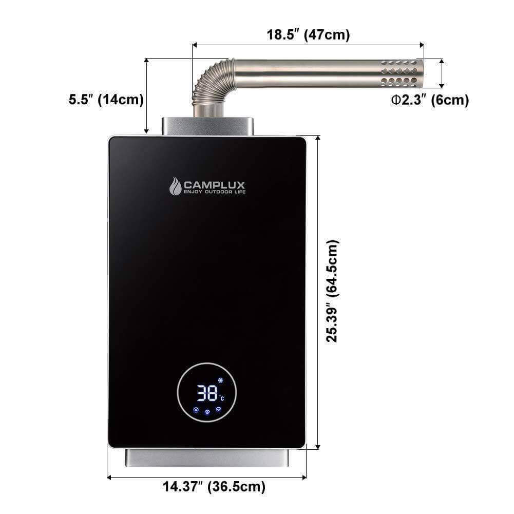 Camplux 12L Indoor Tankless Water Heater with dimensions; best seller at Cabin Depot. Perfect for endless hot water needs.