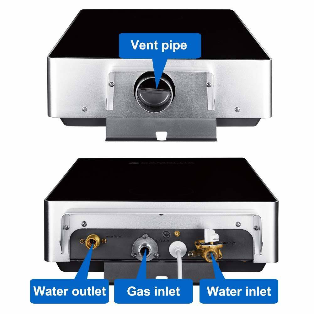 Camplux 12L indoor tankless water heater vent pipe, water outlet, gas inlet, and water inlet view - Cabin Depot best seller.