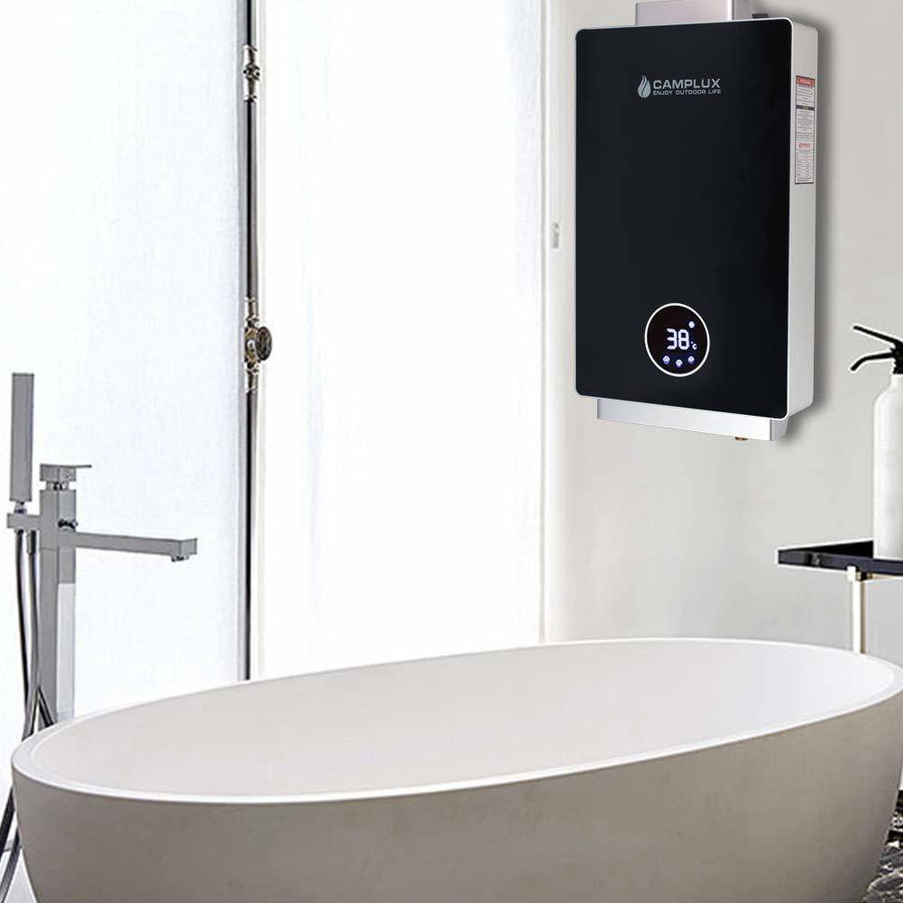 Camplux 12L Indoor Tankless Water Heater - Efficient and stylish gas burner, perfect for cabin or home. Available at Cabin Depot.