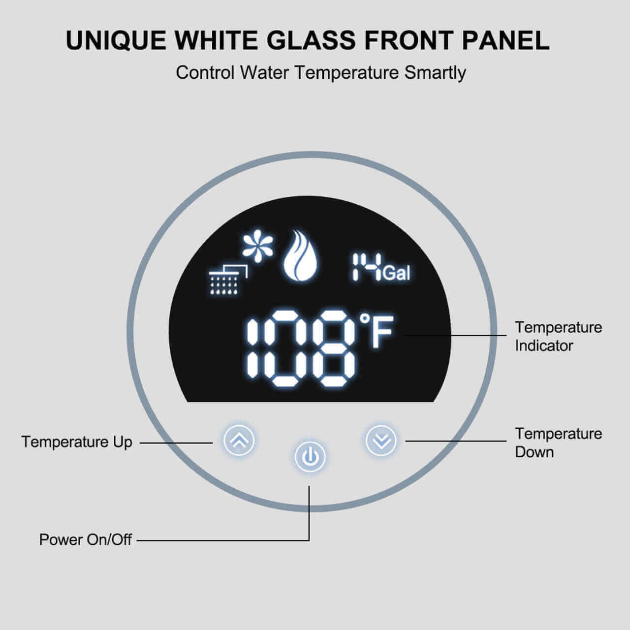 Camplux 12L tankless water heater control panel with temperature display, unique white glass front. Available at Cabin Depot.