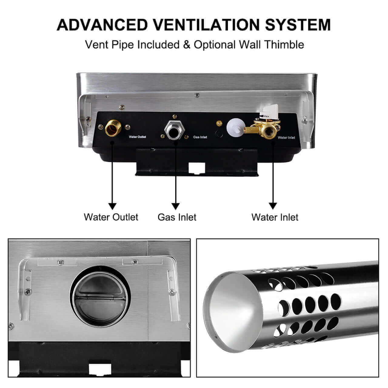 Camplux 12L water heater advanced ventilation system, includes vent pipe and wall thimble for optimal indoor installation, Cabin Depot.