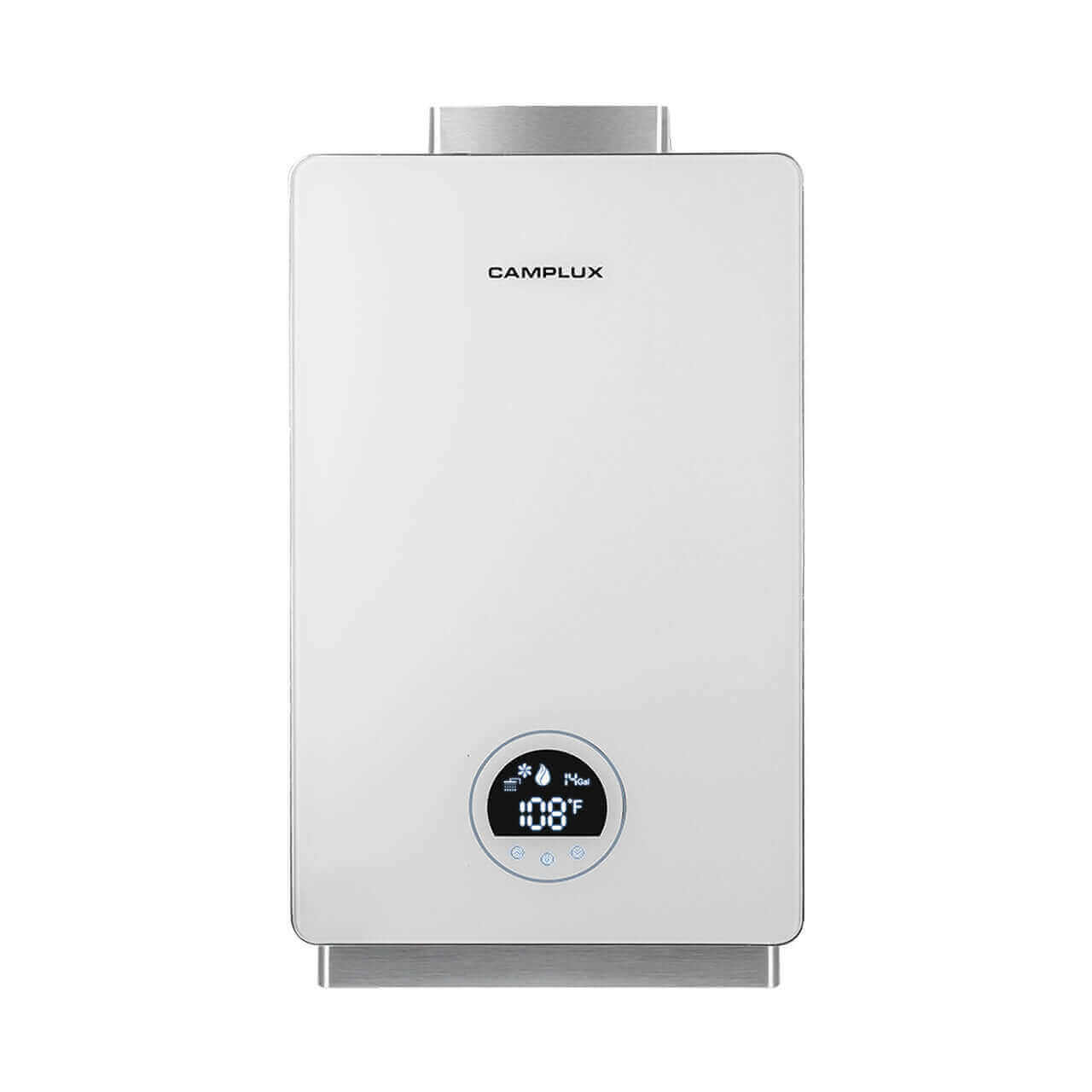 Camplux 12L Indoor Tankless Water Heater in white, offering 3.18 GPM for endless hot water, available at Cabin Depot.