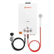 Camplux 10L Propane Portable Outdoor Tankless Water Heater in white, energy-saving design at Cabin Depot.
