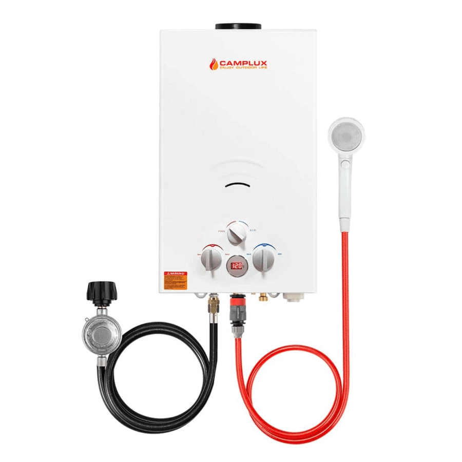 Camplux 10L Propane Portable Outdoor Tankless Water Heater in white, energy-saving design at Cabin Depot.