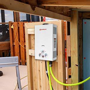 Camplux 10L propane portable tankless water heater mounted outdoors, ideal for energy-efficient cabin use from Cabin Depot.