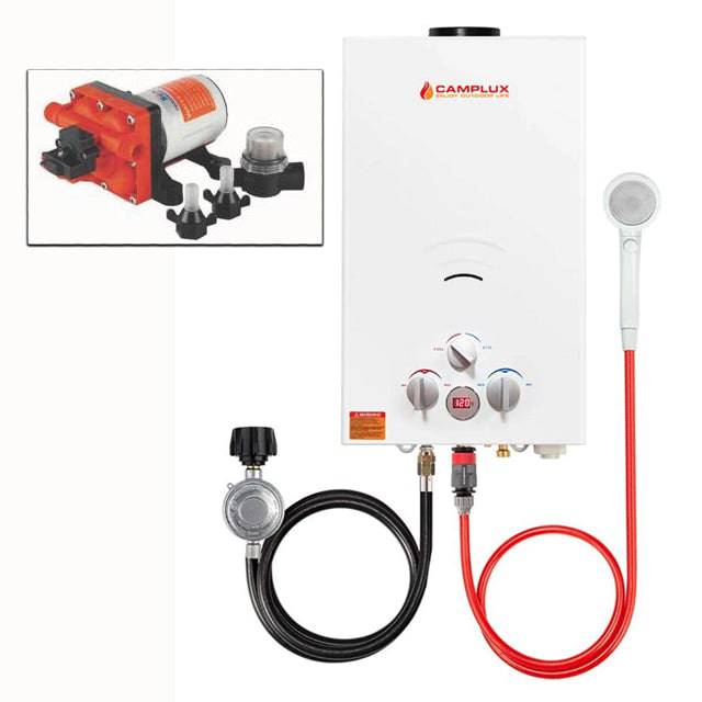 Camplux 10L Portable Tankless Water Heater with Seaflo Pump, energy-efficient, compact, ideal for cabins - Cabin Depot