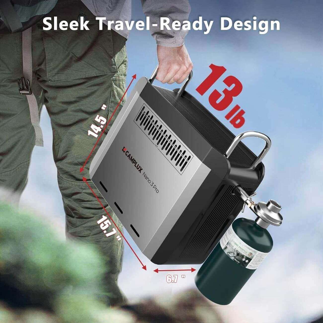 Portable Camplux Nano 3 Pro propane camping shower with sleek travel-ready design, available at Cabin Depot.