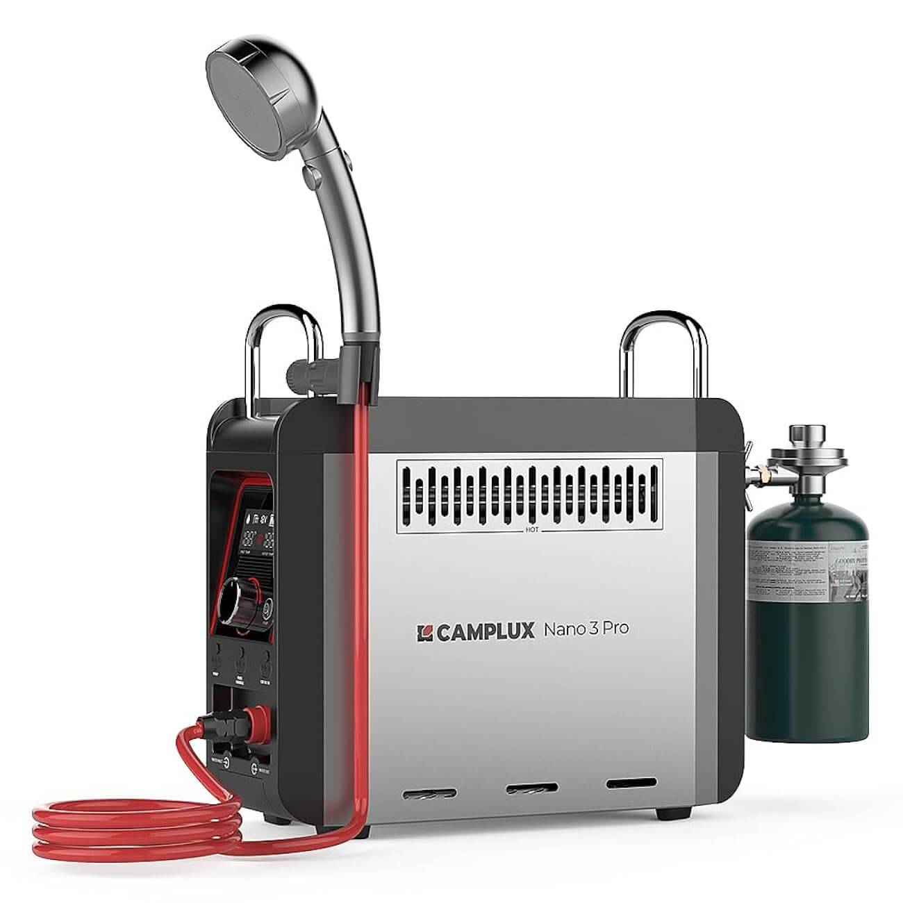 Camplux Nano 3 Pro 12V Propane Camping Shower from Cabin Depot, a compact portable water heater and shower pump for outdoor adventures.