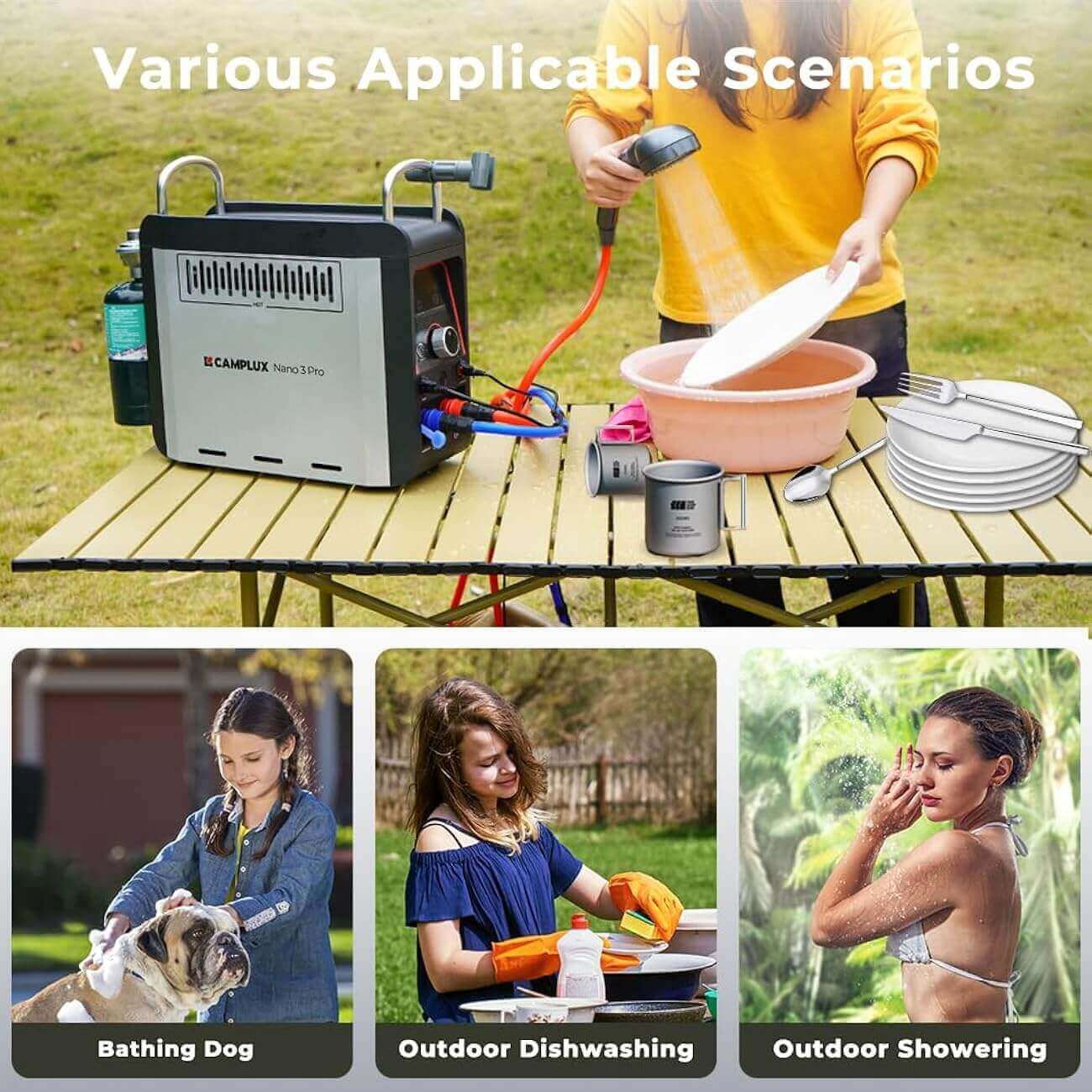 Camplux Nano 3 Pro propane camping shower setup with various uses, including dog bathing, dishwashing, and outdoor showering, from Cabin Depot.