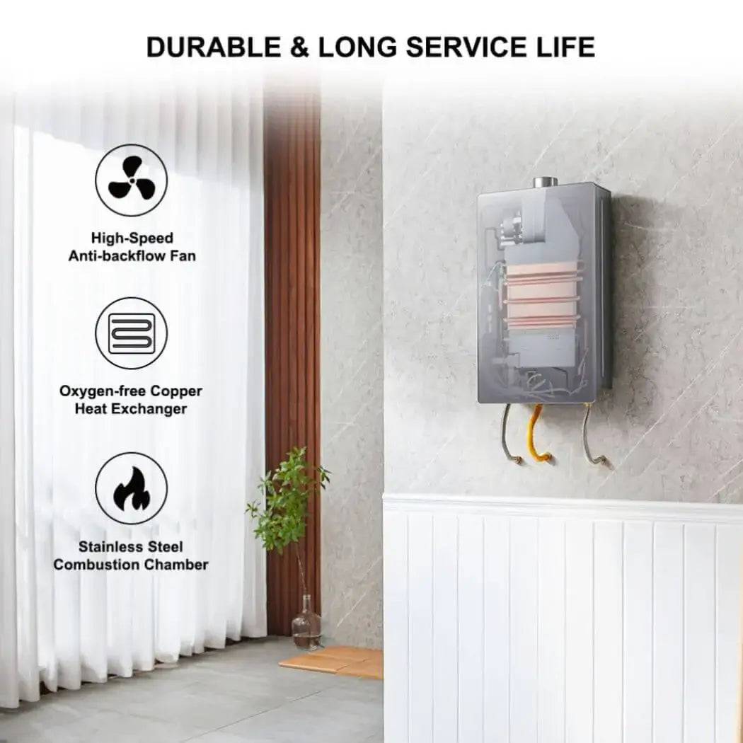 Camplux 16L Indoor Tankless Water Heater with high-speed fan, copper heat exchanger, and stainless steel chamber at Cabin Depot.