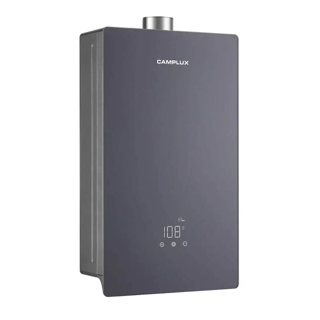 Camplux 16L 4.22 GPM indoor tankless water heater in grey, featuring space-saving design and endless hot water, available at Cabin Depot.
