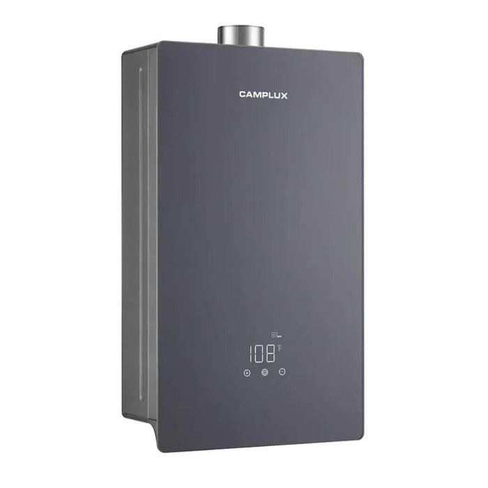 Camplux 16L 4.22 GPM indoor tankless water heater in grey, featuring space-saving design and endless hot water, available at Cabin Depot.