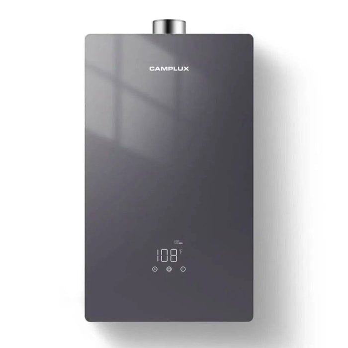 Camplux 16L 4.22 GPM indoor tankless water heater, grey, available at Cabin Depot for efficient space-saving hot water solution.