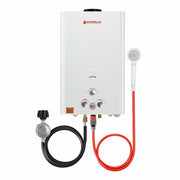 Camplux 16L Portable Outdoor Tankless Water Heater in white with digital display, energy-efficient for cabin use - Cabin Depot.