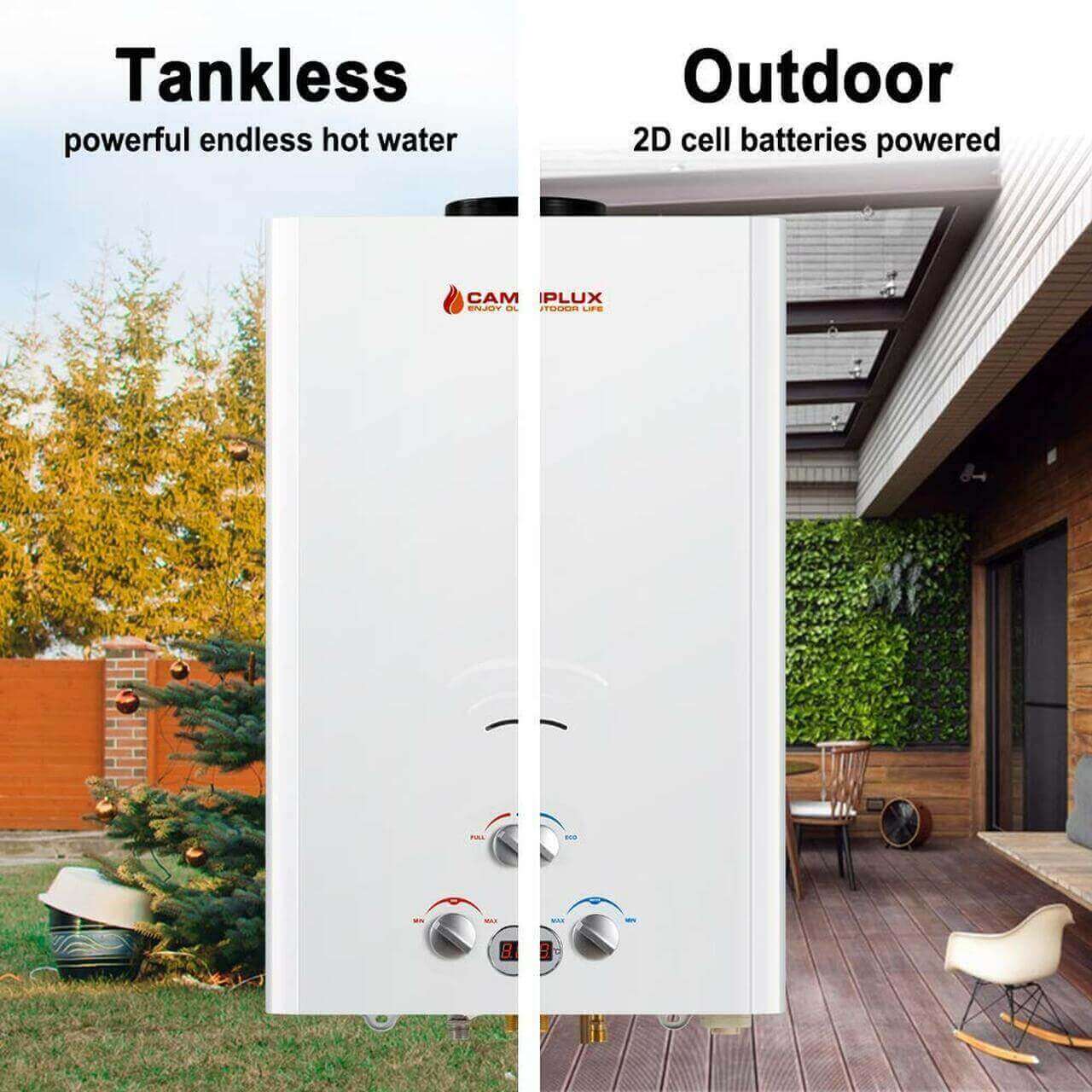 Camplux 16L 4.22 GPM portable tankless outdoor water heater with digital display, ideal for Cabin Depot customers.