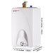 Camplux 4-Gallon Mini Tank Electric Water Heater, White, with dimensions shown: 19.25" H, 11.75" W, 10.38" D.