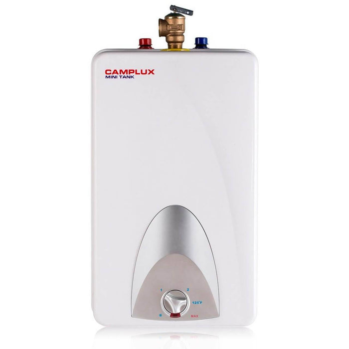 Camplux 4-Gallon Mini Tank Electric Water Heater in white, offering portable and energy-efficient solutions for outdoor lifestyles.