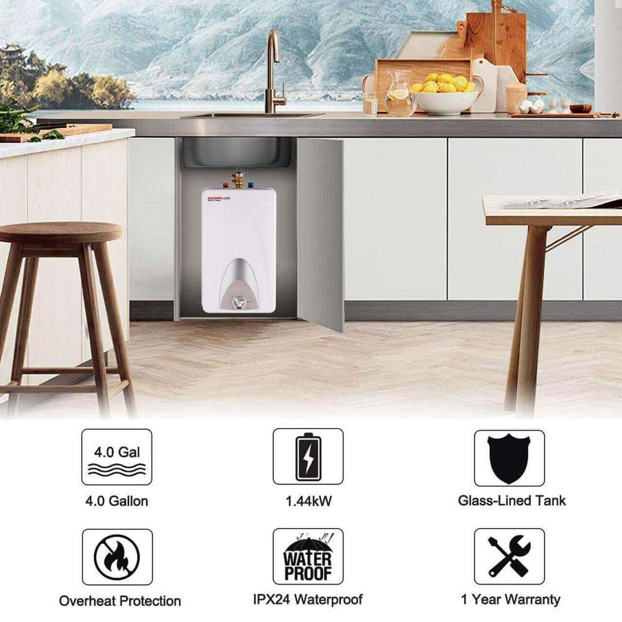 Camplux 4-Gallon Mini Electric Water Heater under sink in modern kitchen. Cabin Depot exclusive water heater with 1-year warranty.