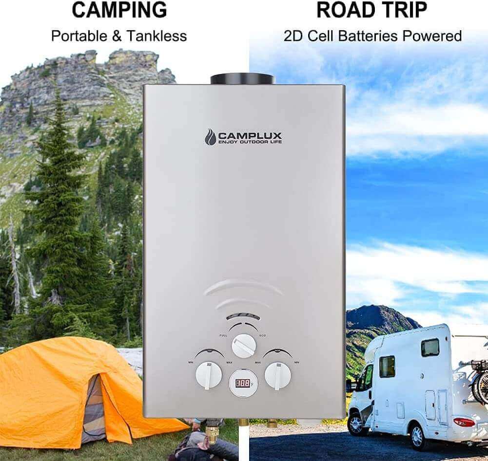 Camplux 8L Propane Outdoor Tankless Water Heater for Camping and Road Trips, available at Cabin Depot. Efficient and portable model in grey.