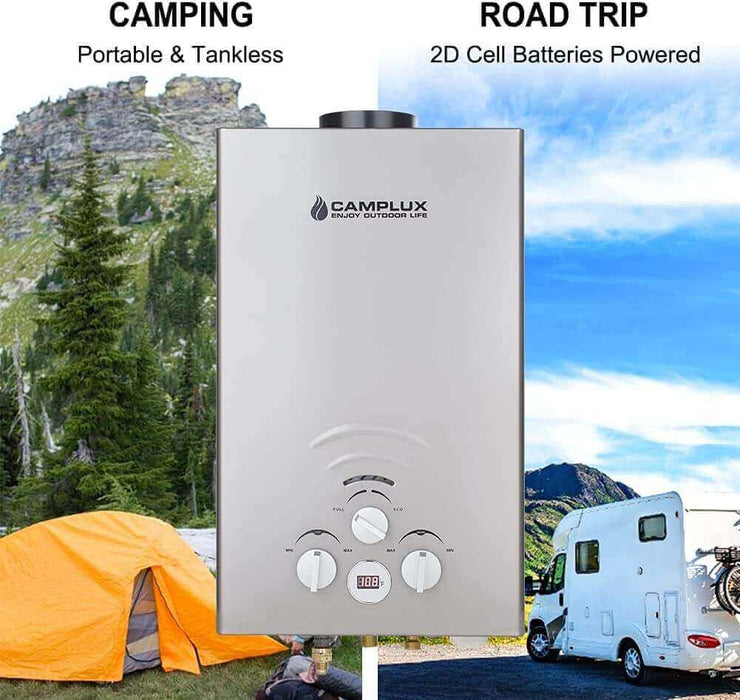 Camplux 8L Propane Tankless Water Heater for camping and road trips, shown with a tent and RV in scenic outdoor settings.