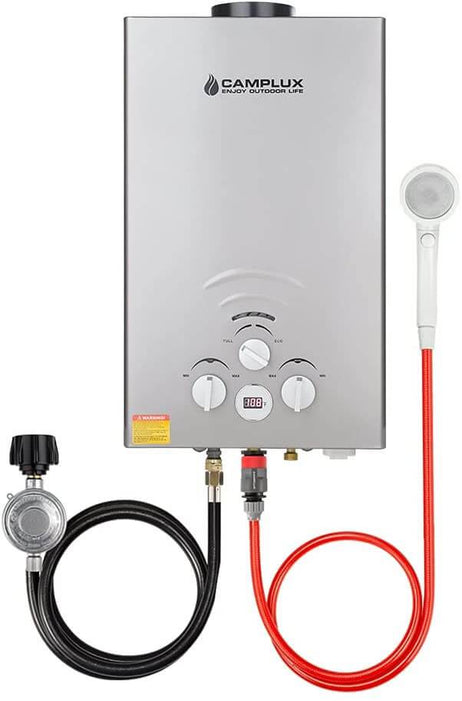 Camplux 8L propane tankless water heater in grey with hose and showerhead, perfect for outdoor use and energy saving.