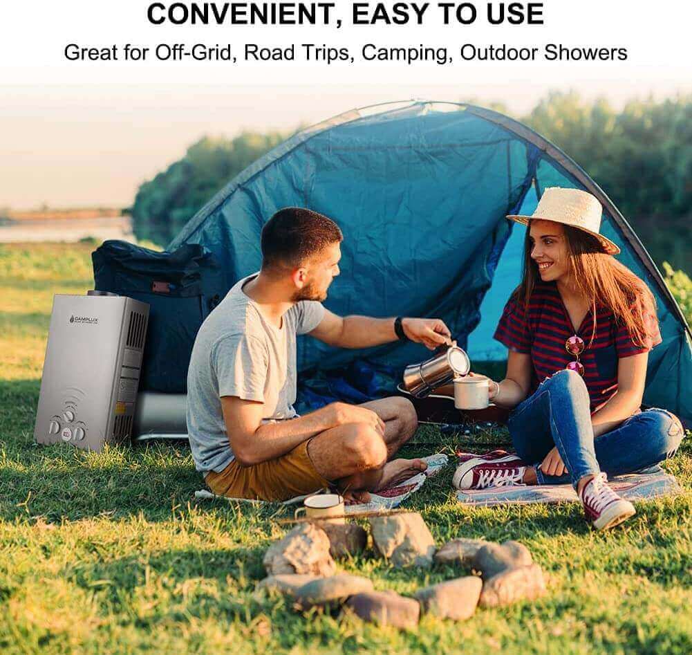 Couple camping outdoors using Camplux 8L Propane Tankless Water Heater, ideal for off-grid trips, available at Cabin Depot.