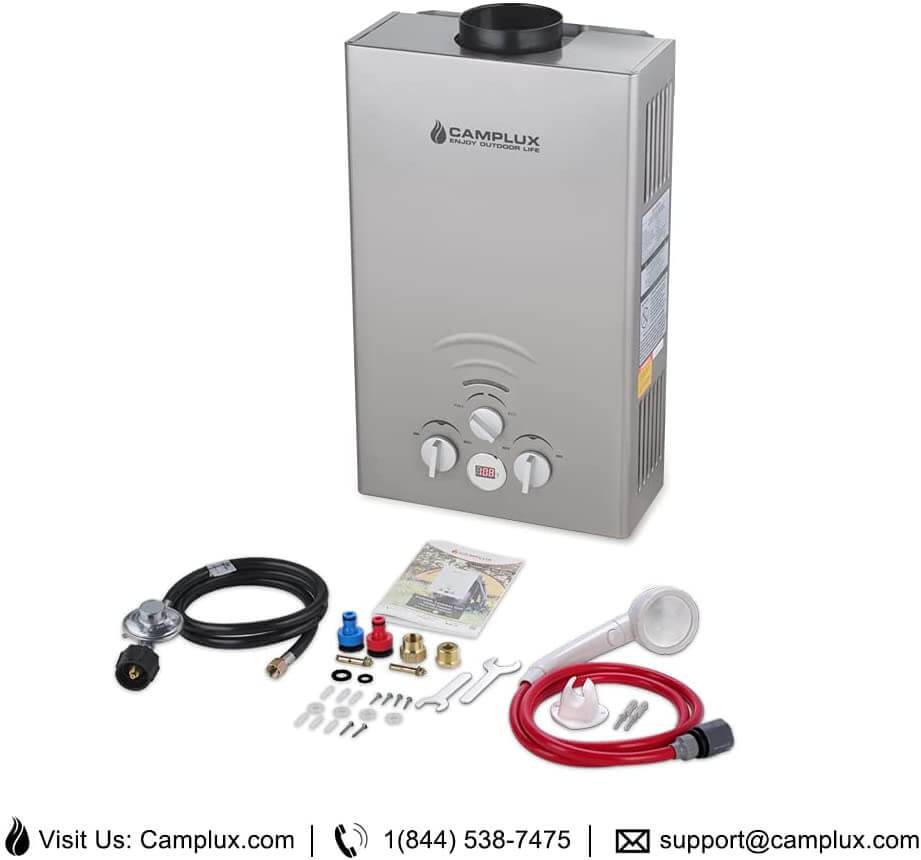 Camplux 8L Propane Outdoor Tankless Water Heater in Grey with accessories from Cabin Depot for efficient portable outdoor hot water solutions.
