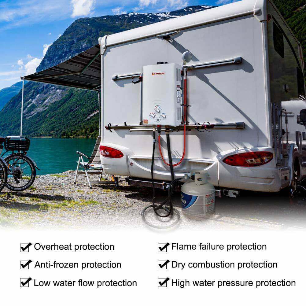 Camplux 8L Propane Gas Tankless Water Heater attached to RV at scenic campsite, ideal for Cabin Depot use.