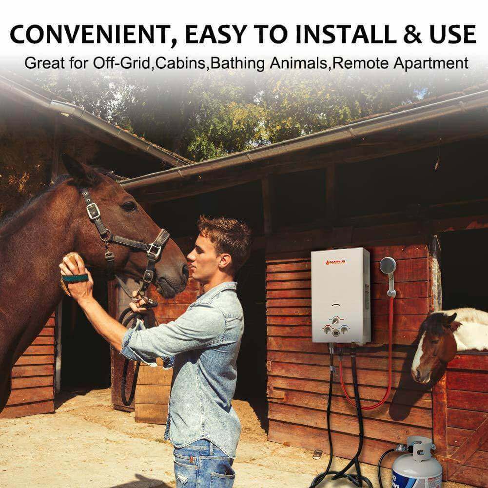 Person using Camplux 8L Propane Gas Tankless Water Heater at a cabin, perfect for off-grid use. Available at Cabin Depot.