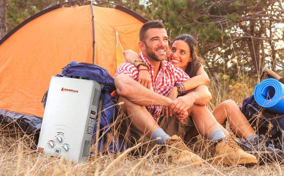 Couple enjoying camping with Camplux 8L Propane Tankless Water Heater, perfect for off-grid adventures - Cabin Depot