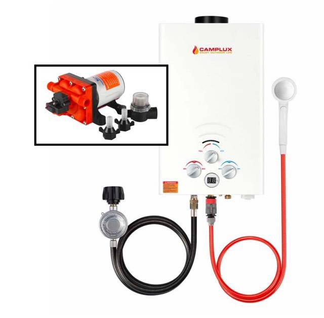 Camplux 8L Propane Tankless Water Heater with Seaflo Pump and Strainer, perfect for cabin use. Available at Cabin Depot.