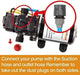 Camplux JK-3206P 12V Water Pump Kit setup instructions, featuring hose connection points. Perfect for RVs, boats, camping - Cabin Depot.