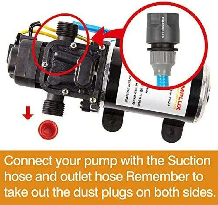 Camplux JK-3206P 12V Water Pump Kit setup instructions, featuring hose connection points. Perfect for RVs, boats, camping - Cabin Depot.
