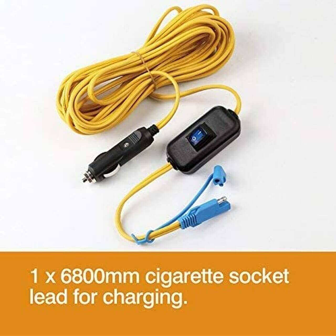 Yellow 6800mm cigarette socket lead with switch for charging, included in Camplux JK-3206P water pump kit. Available at Cabin Depot.