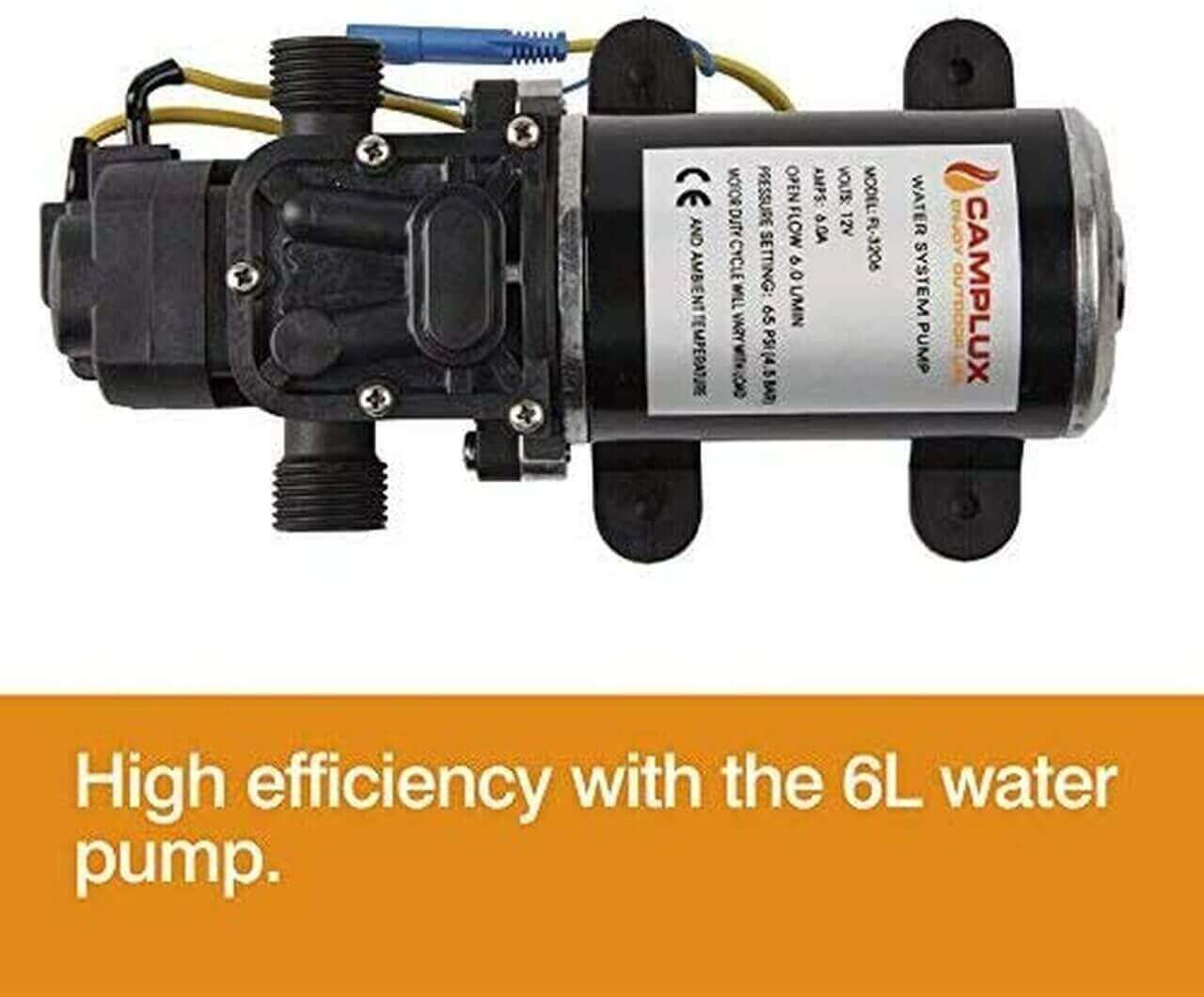 Camplux JK-3206P 12V Water Pump Kit with 1.6GPM flow; ideal for RV, boats, and off-grid cabins. Available at Cabin Depot.