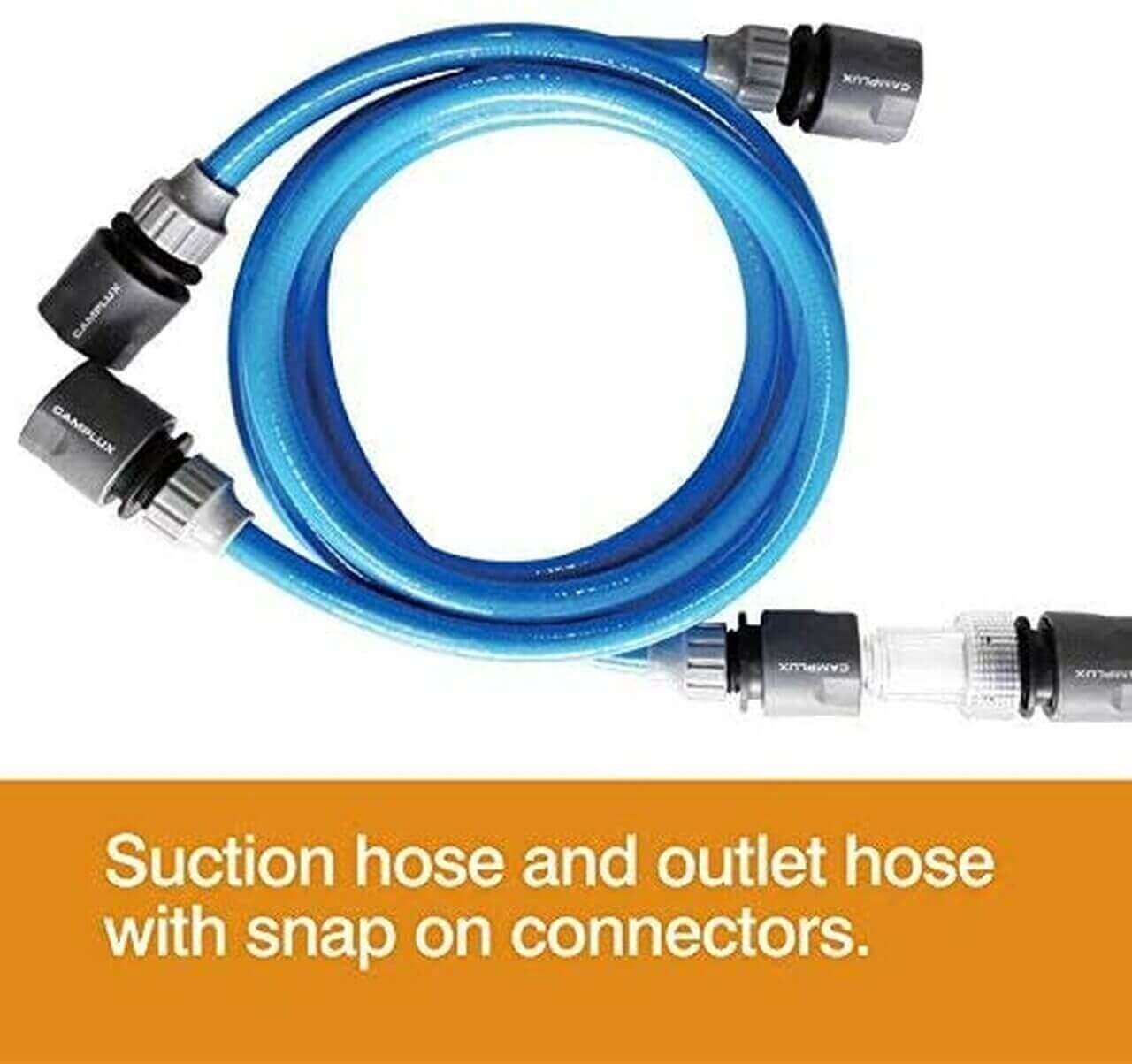 Camplux 12V water pump suction and outlet hose with snap-on connectors, available at Cabin Depot. Ideal for RV, boat, and camping use.