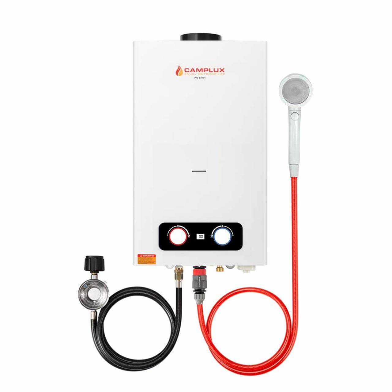 Camplux 10L 2.64 GPM Portable Tankless Outdoor Water Heater, white, with hose, available at Cabin Depot. Compact and energy-saving design.
