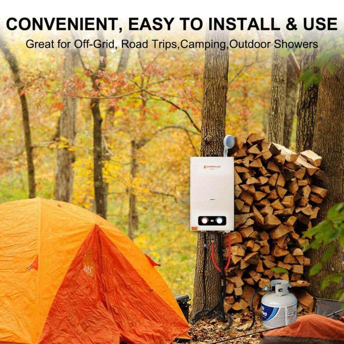 Portable tankless water heater installed outdoors near orange camping tent, ideal for camping and off-grid use.