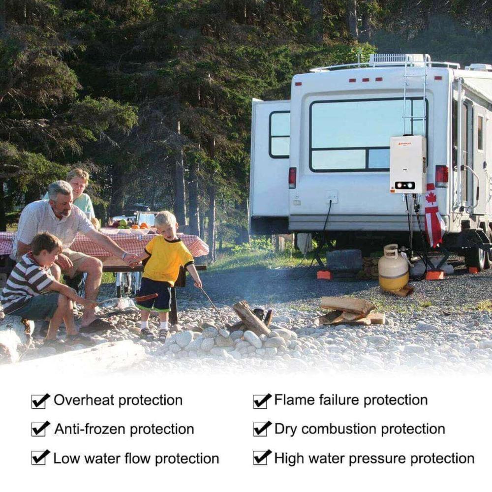 Family camping with RV using Camplux 10L Portable Tankless Water Heater, featuring safety protections, optimized for Cabin Depot purchase.