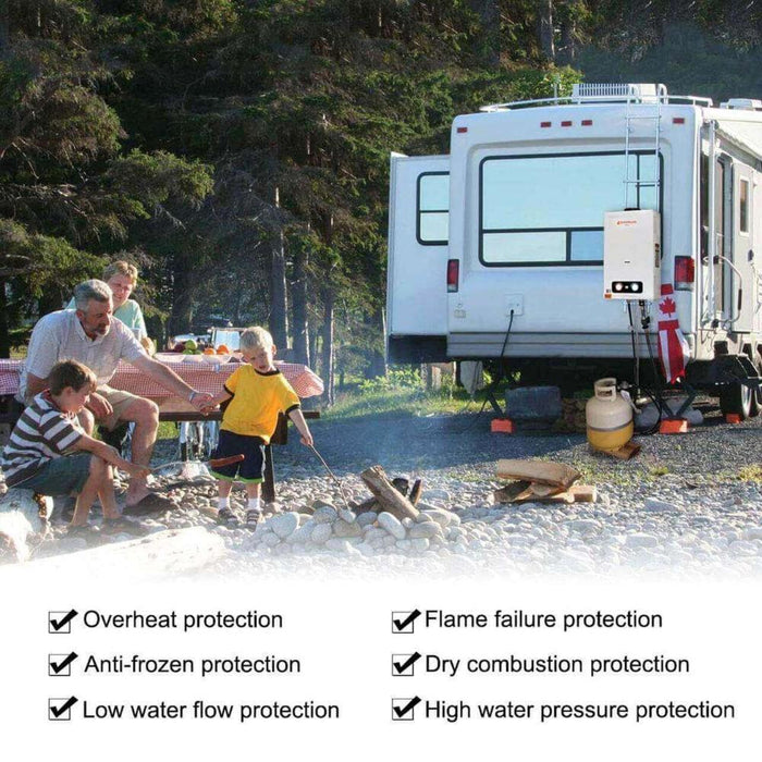 Family camping with Camplux 10L 2.64 GPM Portable Tankless Water Heater, featuring safety protections and compact design.