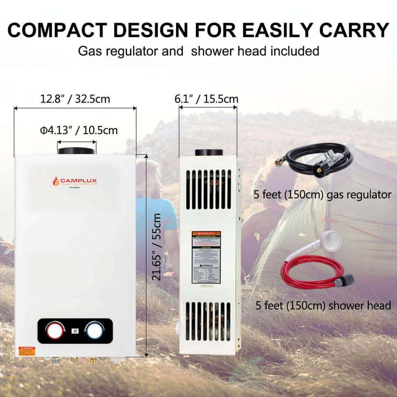 Camplux 10L Portable Tankless Water Heater with gas regulator and shower head, ideal for outdoor use at Cabin Depot.