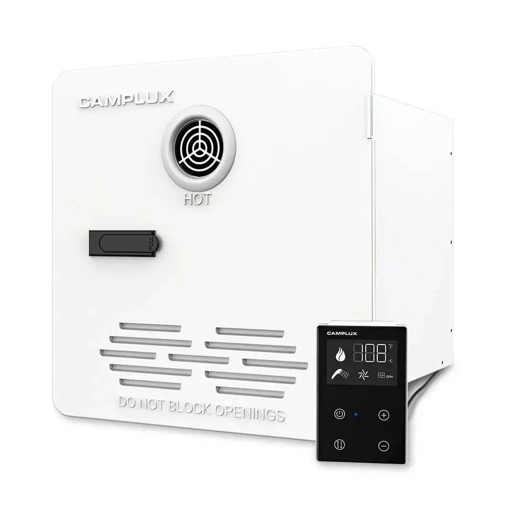 Camplux RV Tankless Water Heater with remote control, ideal for RVs and off-grid living, available at Cabin Depot.