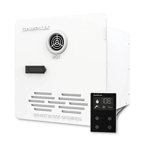 Camplux RV Tankless Water Heater with remote control for on-demand hot water, ideal for RVs and off-grid use.